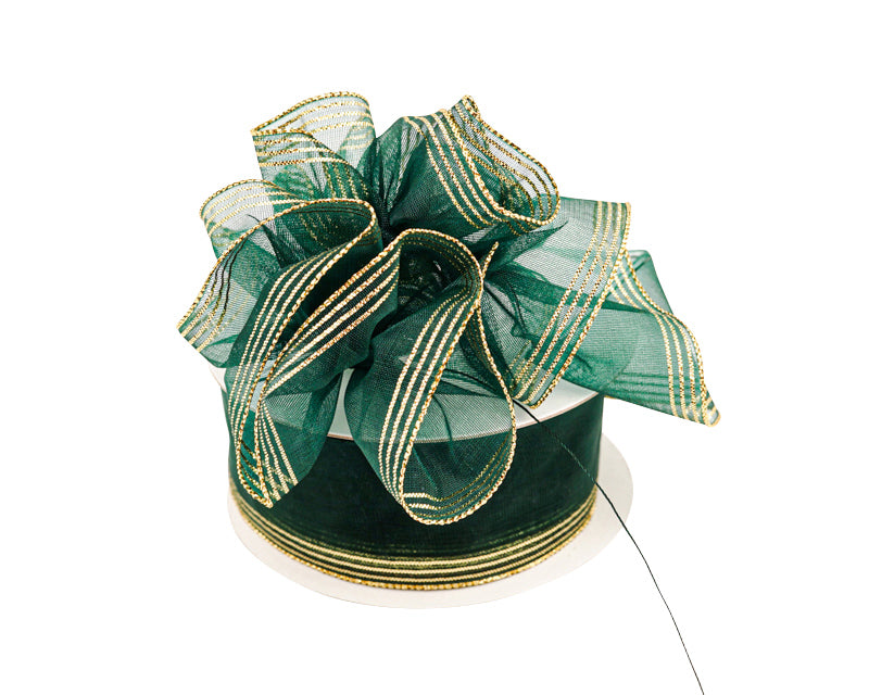 1.5"x25 yards Hunter Green/Gold Organza Pull Bows Gift Ribbon