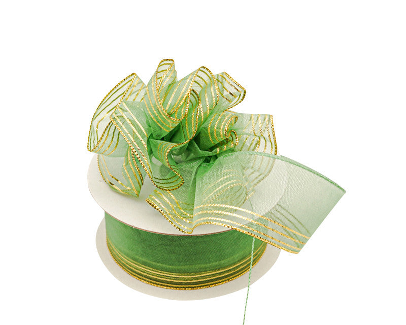 1.5"x25 yards Sage Green /Gold Organza Pull Bows Gift Ribbon - Pack of 5 Rolls