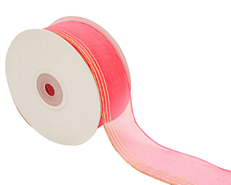 1.5"x25 yards Shocking Pink/Gold Organza Pull Bows Gift Ribbon - Pack of 5 Rolls