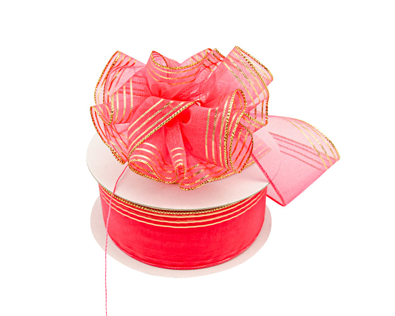 1.5"x25 yards Shocking Pink/Gold Organza Pull Bows Gift Ribbon
