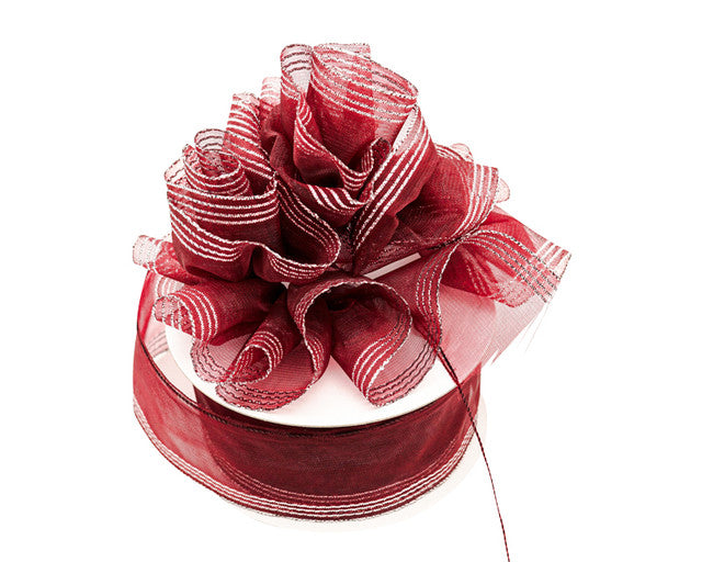 1.5"x25 yards Burgundy/Silver Organza Pull Bows Gift Ribbon