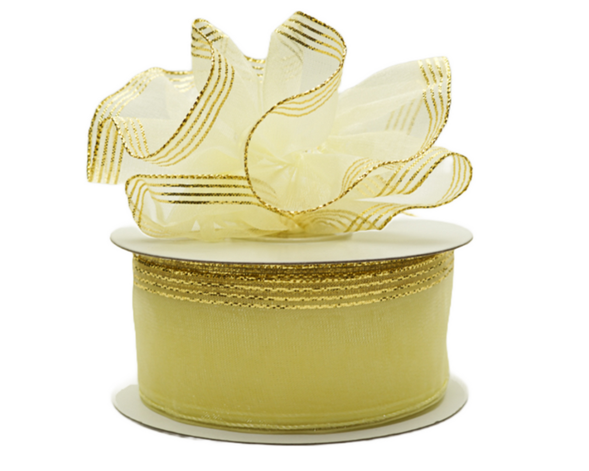 1.5"x25 yards Light Yellow Organza Pull Bows Gift Ribbon with Gold Edge