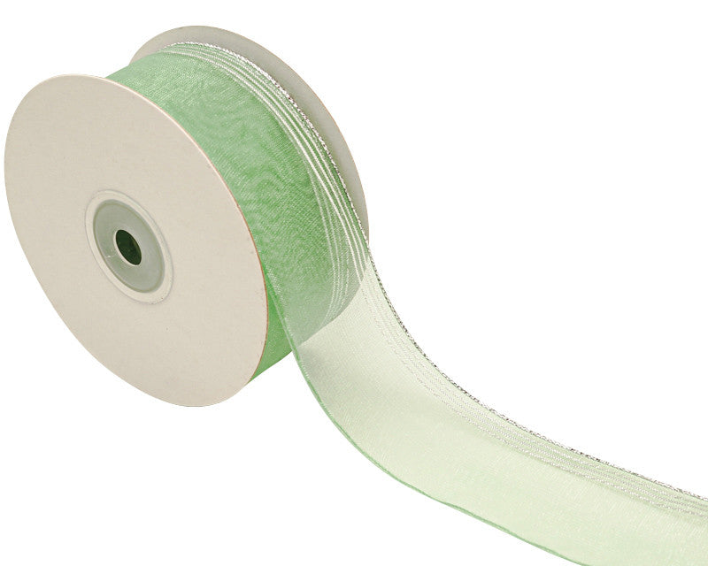 1.5"x25 yards Sage/Silver Organza Pull Bows Gift Ribbon - Pack of 5 Rolls