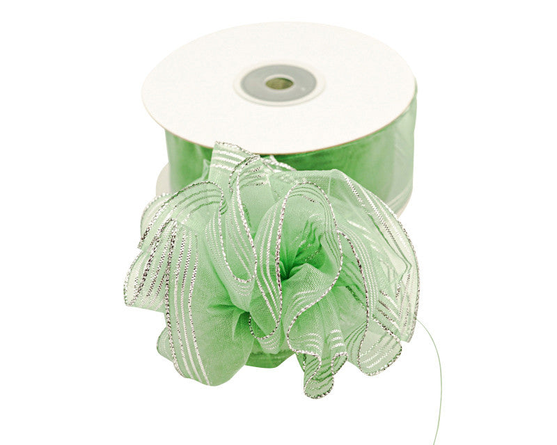 1.5"x25 yards Sage/Silver Organza Pull Bows Gift Ribbon - Pack of 5 Rolls