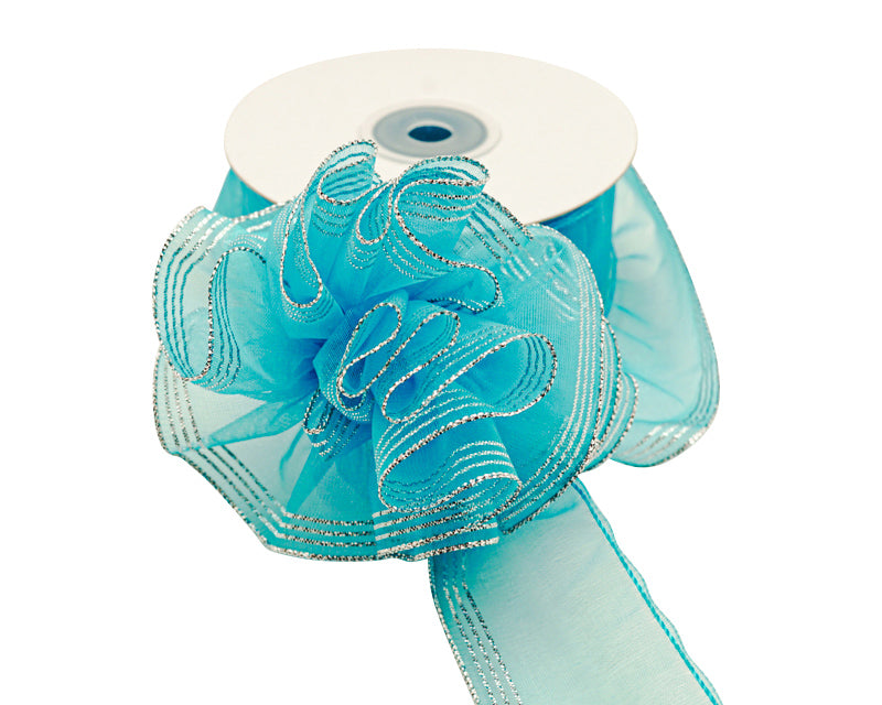 1.5"x25 yards Turquiose/Silver Organza Pull Bows Gift Ribbon