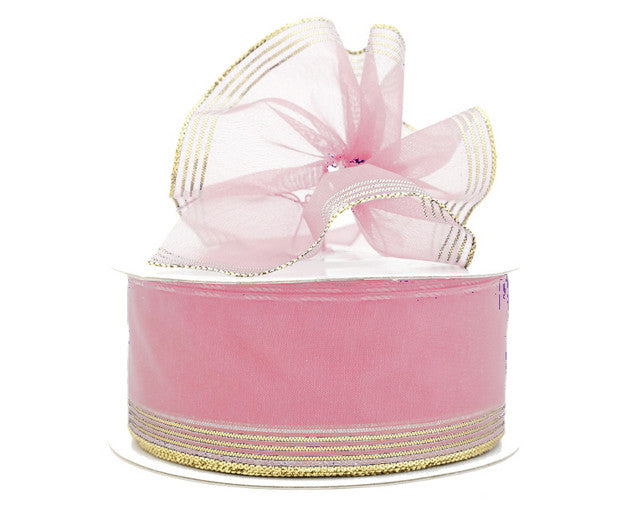 1.5"x25 yards Pink/Gold Organza Pull Bows Gift Ribbon