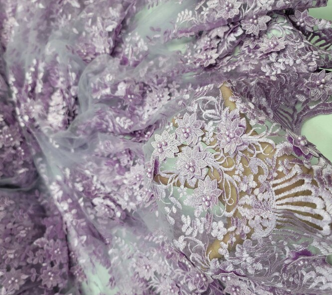 3D Floral Lace Lavender Embroidered Pearls