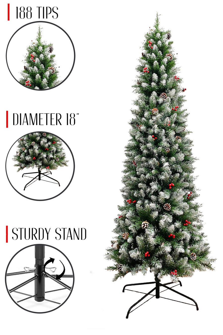 Frosted Norwood Pencil Pine with Pine Cones & Red Berries and Metal Stand