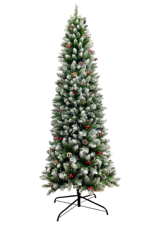 Frosted Norwood Pencil Pine with Pine Cones & Red Berries and Metal Stand