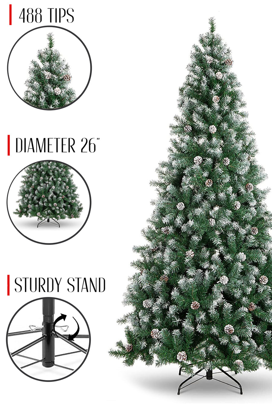Frosted Oregon Fir with Snow Dusted Pine Cones with Metal Stand