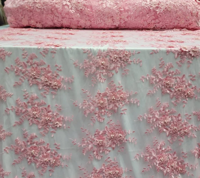 Pink 3D Beaded Lace Floral Embroidered Mesh