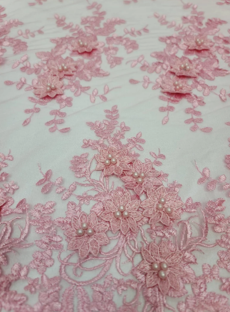 Pink 3D Beaded Lace Floral Embroidered Mesh