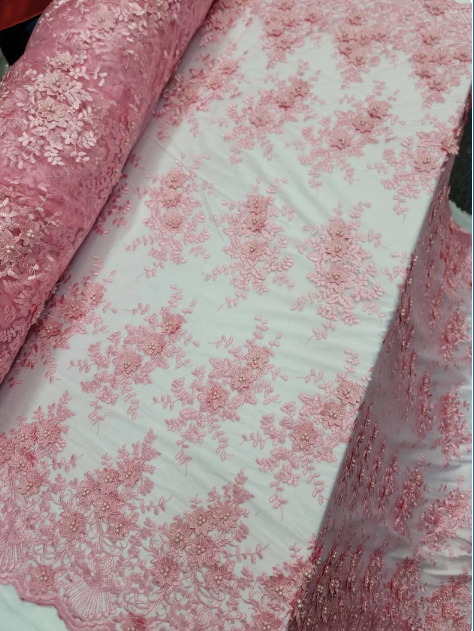 Pink 3D Beaded Lace Floral Embroidered Mesh