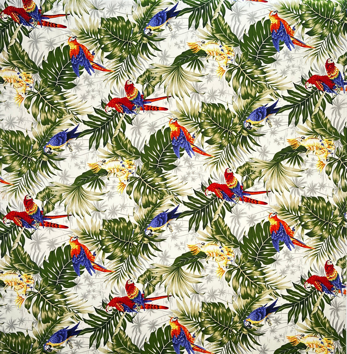 Parrots Split Monstera Palm Leaves Peachskin Fabric - Tropical Parrots, Split Monstera Palm Leaves, 45" Width (1 Yard)