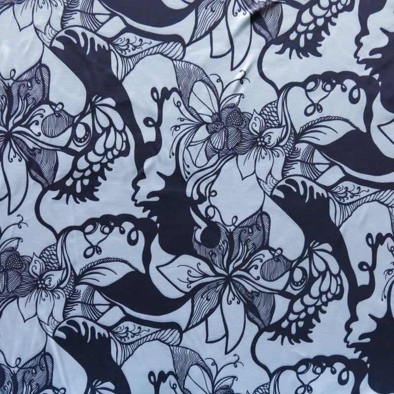 Poly Lycra Athletic Knit Fabric Navy/Baby Blue Floral