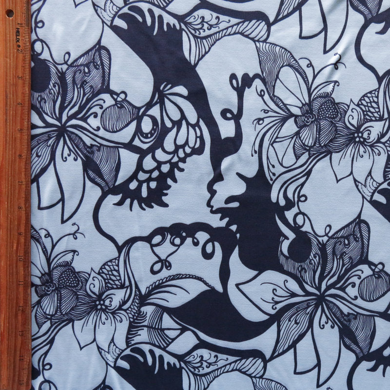 Poly Lycra Athletic Knit Fabric Navy/Baby Blue Floral