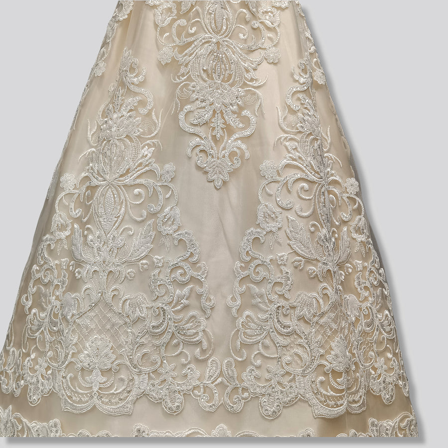 1 Yard Ivory Beaded and Corded Lace Fabric Embroidered on 100 Percent Polyester Net Mesh 51 Inch Width
