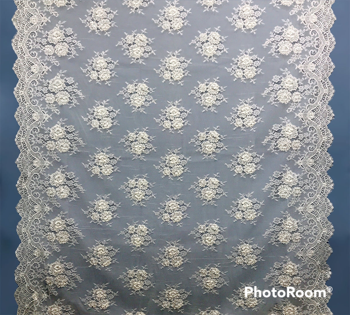 Beaded Chantilly Lace Fabric White Eyelash Scallop 3 Yards 58"