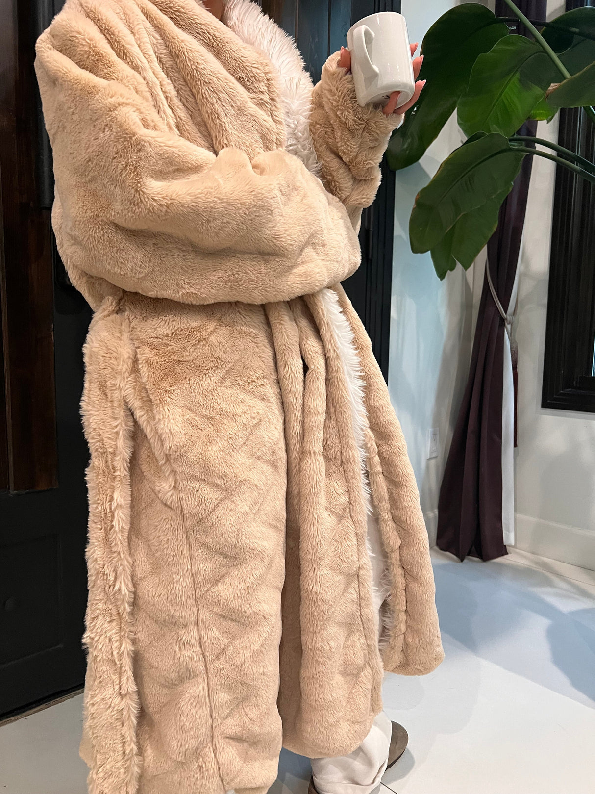 Rexa Robe 6 Polyester Fabric - Sandy Beige, Two-Tone Ivory Velvet Interior, Long Sleeve, Long Length (1 Piece)