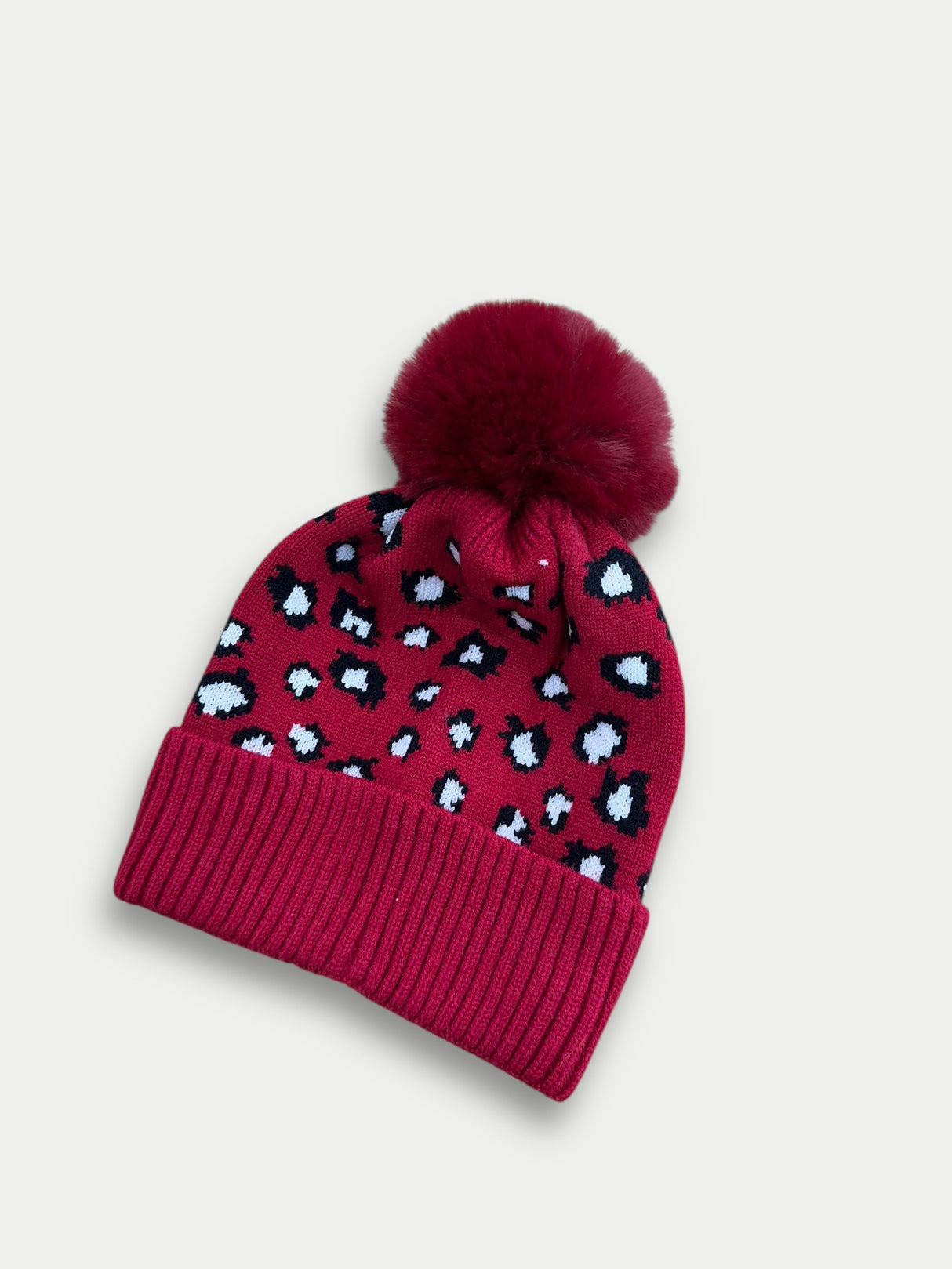 Leopard Beanies Acrylic Fabric - Leopard Design, Maroon, One Size Fits All (1 Piece)