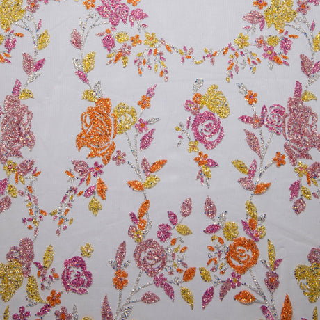 1 Yard Tulle Lace Fabric with Multicolor Glitter Floral Design, 58" Wide