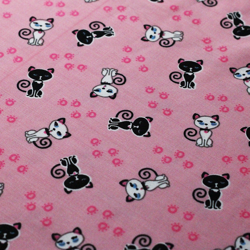 Pretty Kitty Polyester Spandex Fabric - Black And White Cat Print, Pink/Turquoise, 58/60" Width (1 Yard)