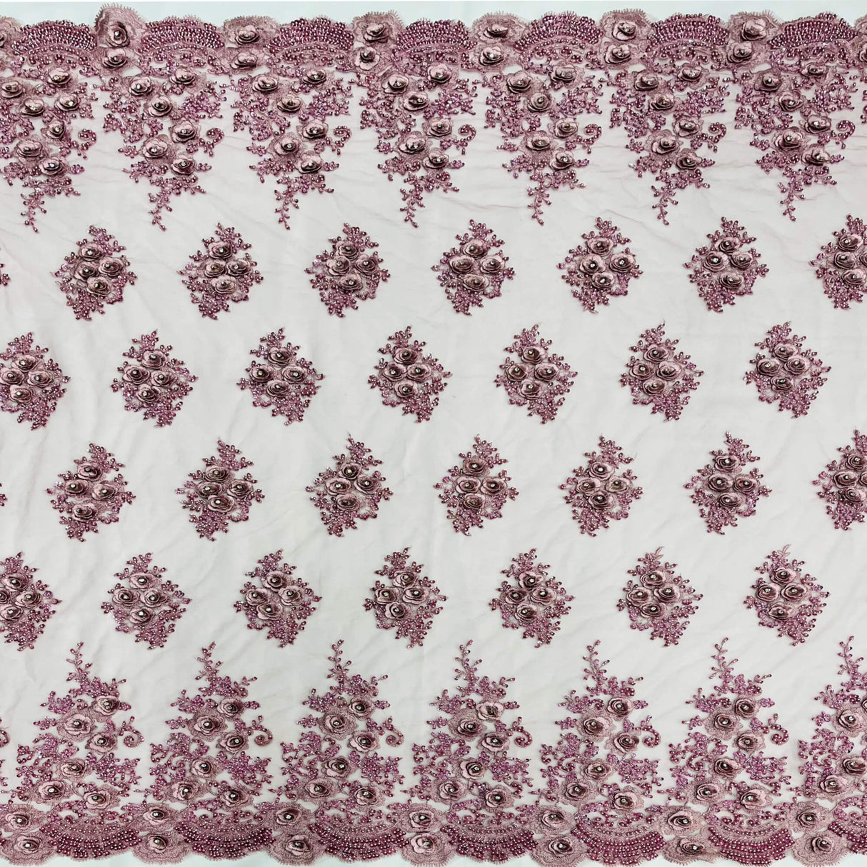 3D Floral Beaded Rhinestone Polyester Lace Fabric - Black, Silver, Pink, 3D Floral Embroidery, 54" Wide (1 Yard)