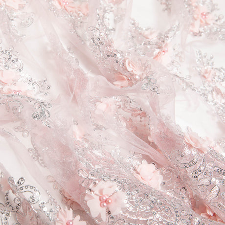 1 Yard Tulle Lace Fabric with 3D Embroidered Applique Design, 52" Wide