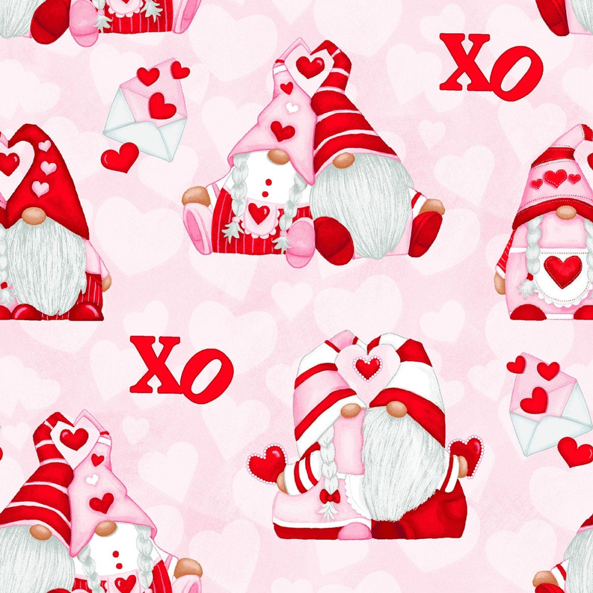 Quilting Cotton Pink Hugging Gnomes Henry Glass Valentine