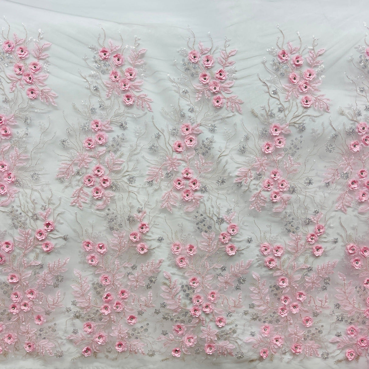 GD-229 Beaded Sequined 3D Floral Lace Fabric - 3D Floral Embroidery, 52" Width (1 Yard)