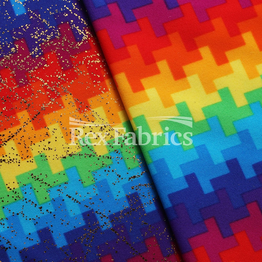 Pixel Pop Nylon Spandex Fabric - Rainbow Pixel Pattern, Multicolor, 58/60" Width (1 Yard)