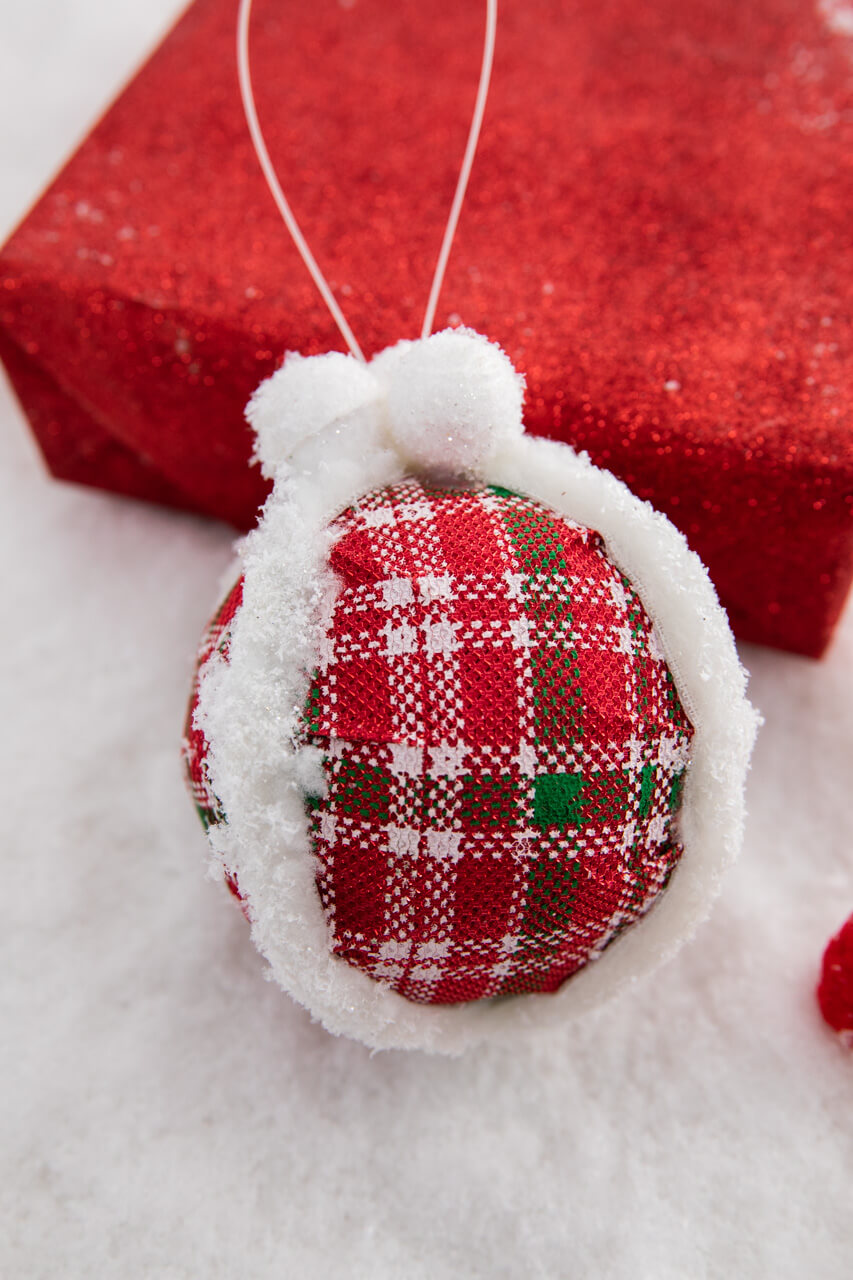 5” Glitter Fur Edge Plaid Ball Ornament