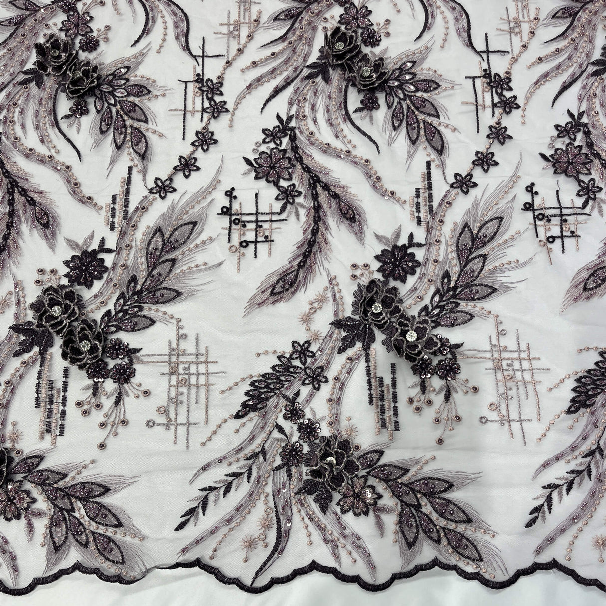Beaded 3D Floral Lace Fabric