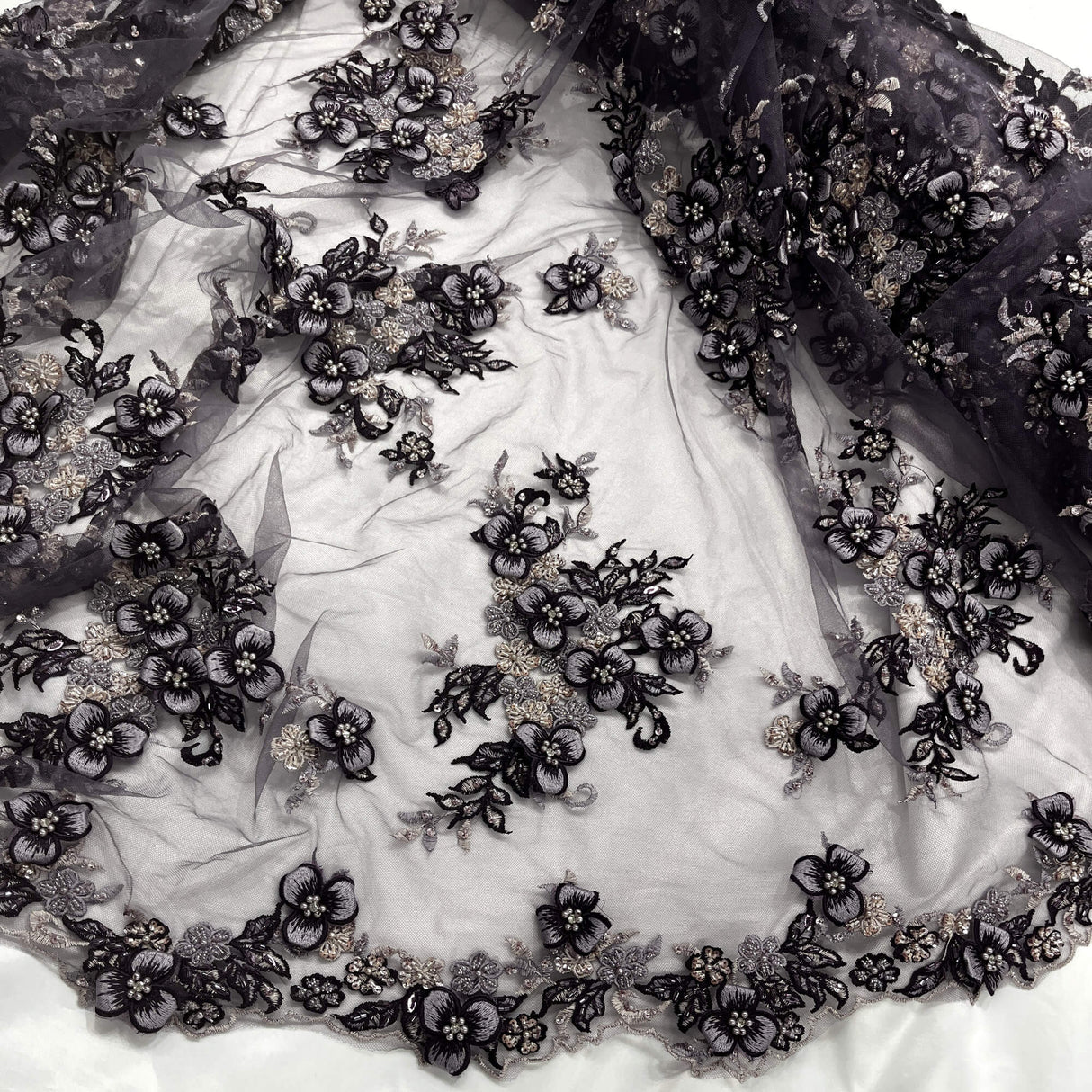 3D Beaded Floral Lace Mesh Fabric