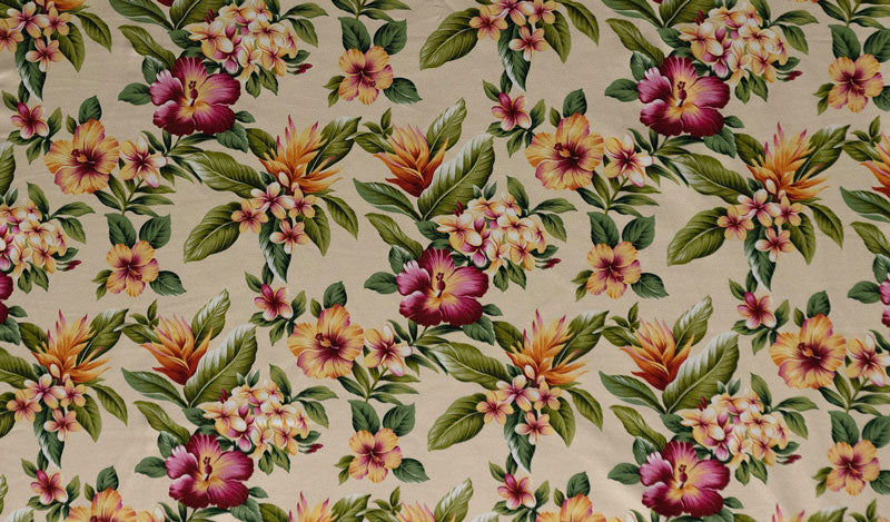 Plumeria Hibiscus Banana Leaf 100 Percent Cotton Fabric - Black, Beige Tropical Floral Print, 56"-58" Width (1 Yard)