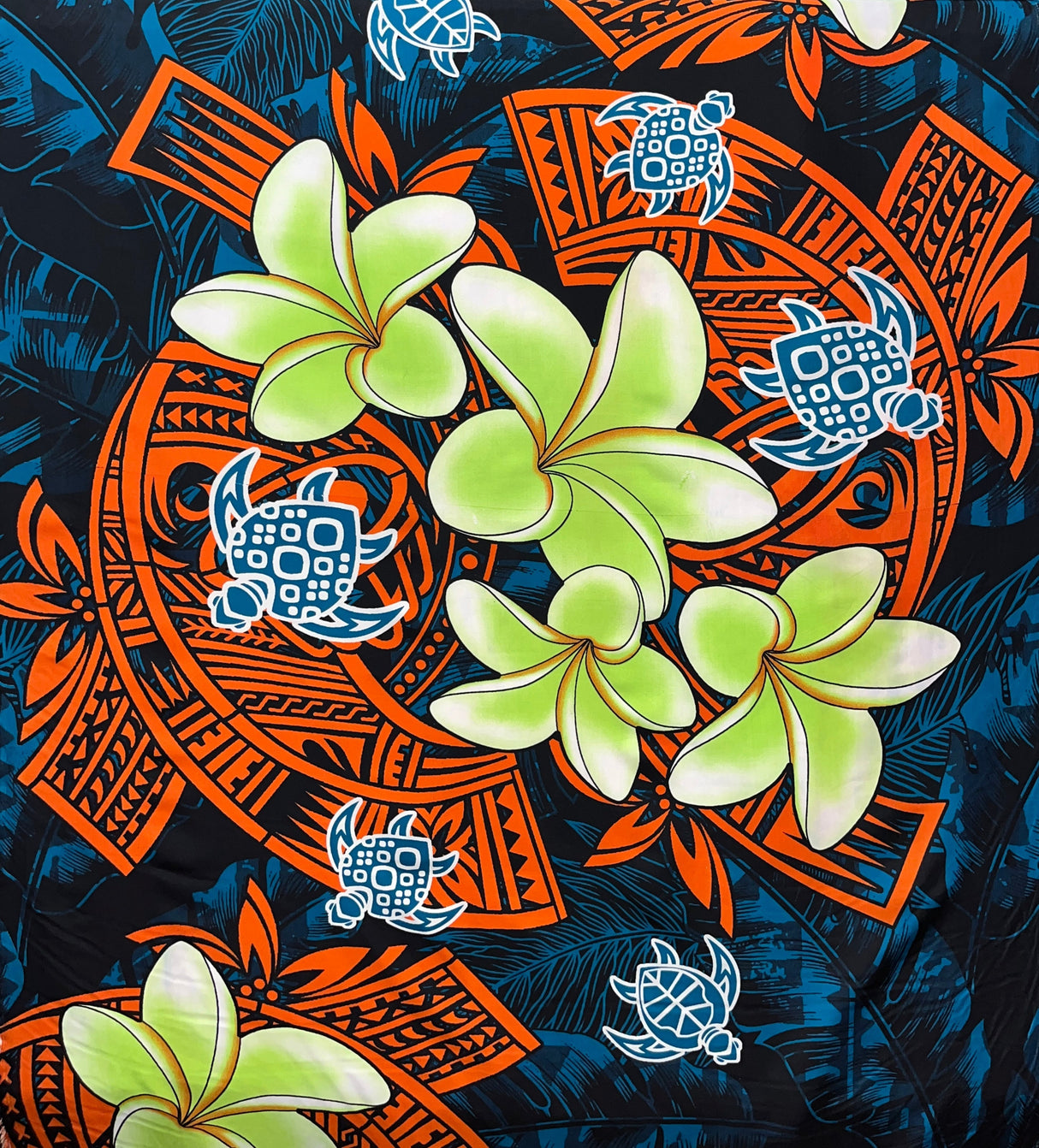 Plumeria Turtles Traditional Tribal Design Peachskin Fabric - Polynesian Hibiscus, Plumeria, Sea Turtle Print, 44/45" Width (1 Yard)