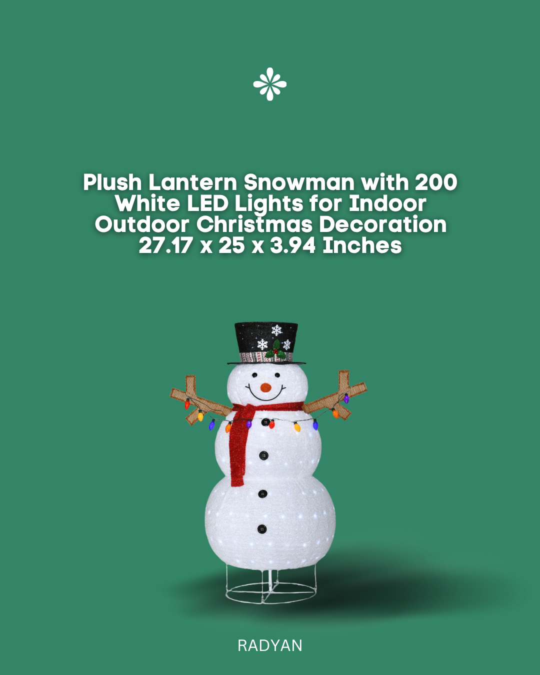 Plush Lantern Snowman with 200 White LED Lights Indoor Outdoor Christmas Decoration 27.17 x 25 x 3.94 Inches