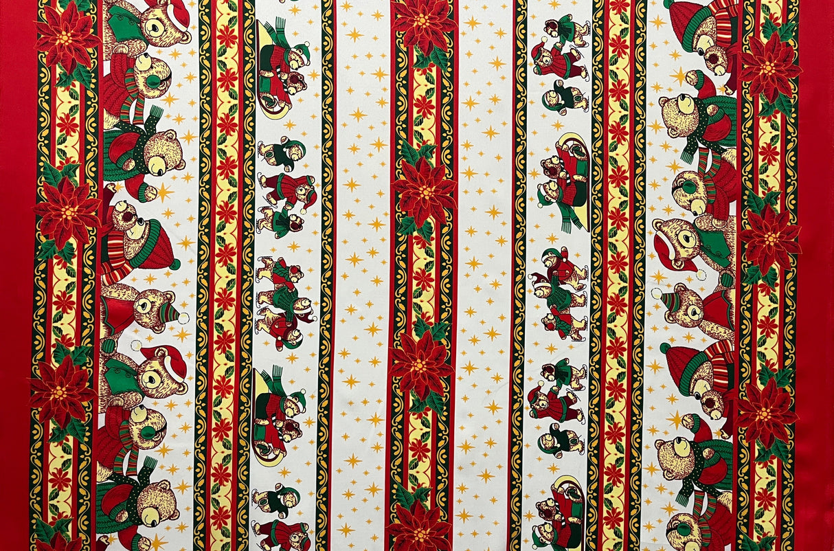 Poinsettia Bears Polyester Fabric - Christmas Bears, Poinsettia Stripe, 60" Width (1 Yard)