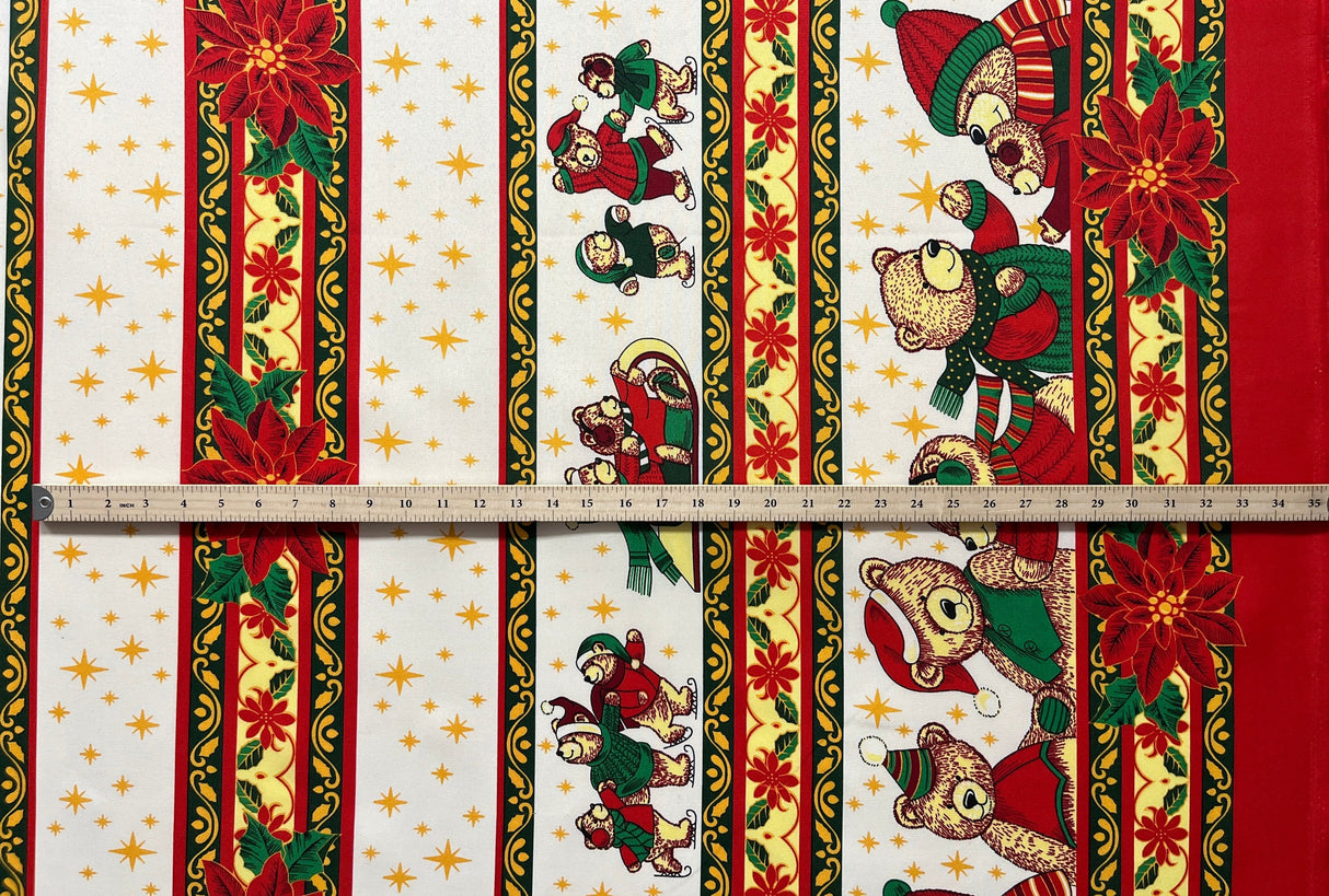 Poinsettia Bears Polyester Fabric - Christmas Bears, Poinsettia Stripe, 60" Width (1 Yard)