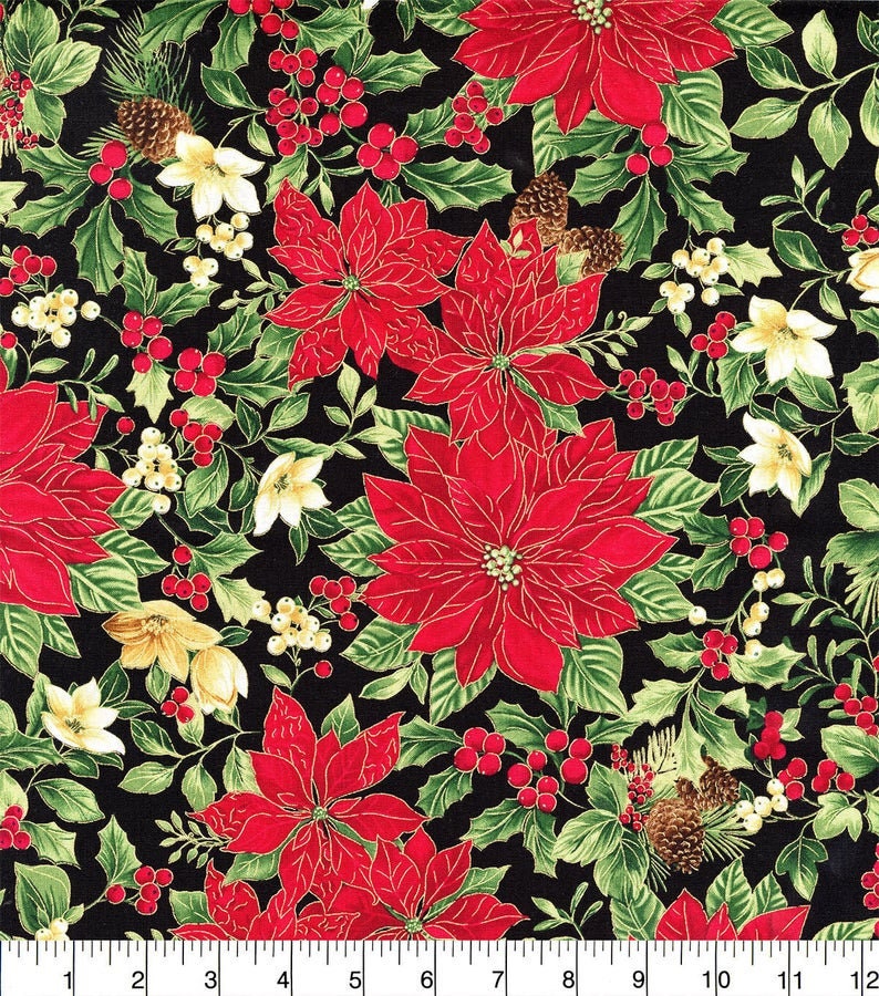 Quilting Cotton Poinsettia Medallion Metallic Christmas Fabric