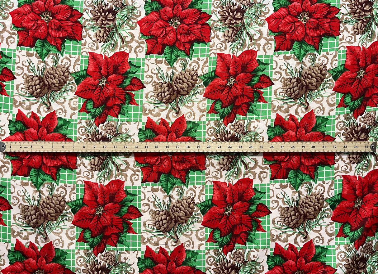 Poinsettia Pine Holiday Plaid Polyester Fabric - Red Poinsettias, Pinecones, Green Plaid, 58" Width (1 Yard)