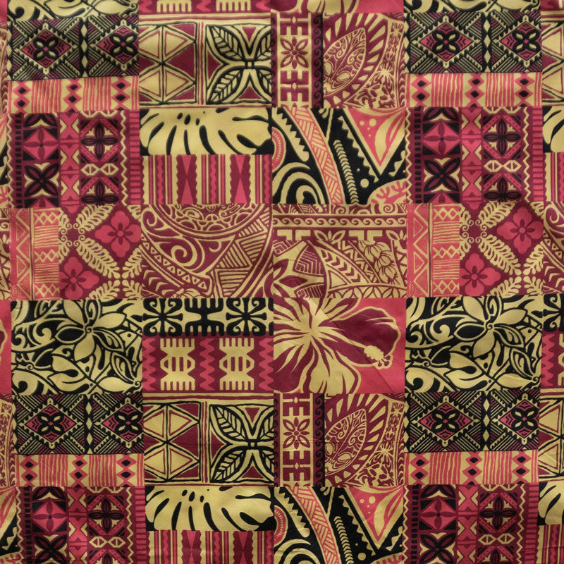 Traditional Polynesian Tapa Design Polyester Fabric - Tapa Patchwork, Red, 36" X 60" (1 Yard)