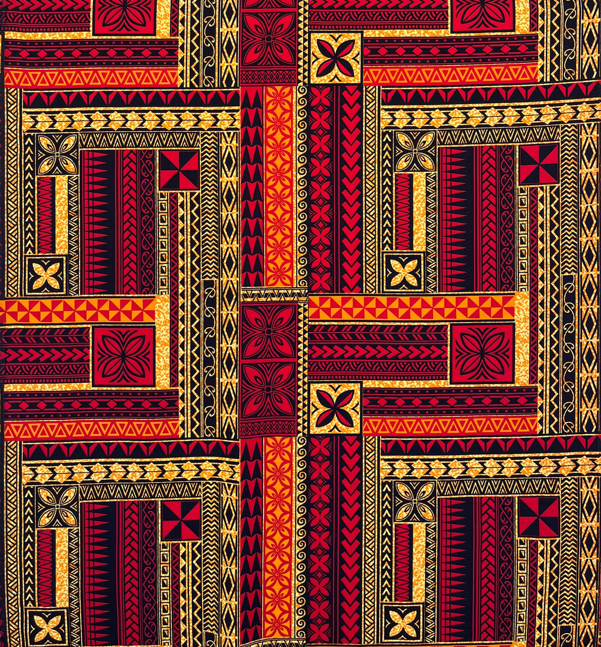 Polynesian Geometric Symmetrical Design Peachskin Fabric - Multicolor Geometric Symmetrical Pattern, 44/45" Width (1 Yard)