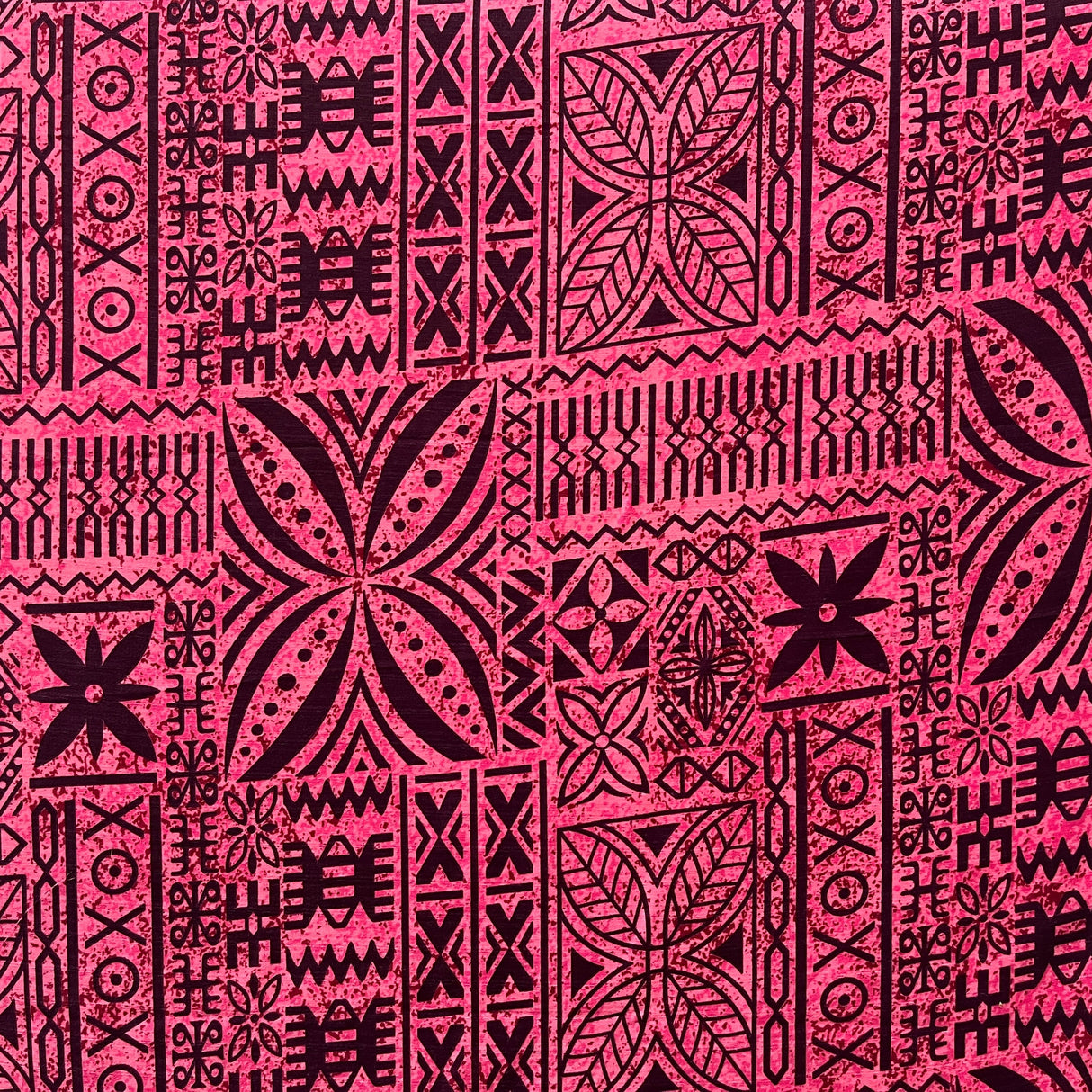 Polynesian Motif Cotton Barkcloth Fabric - Geometric Floral Polynesian Print, 45" Width (1 Yard)