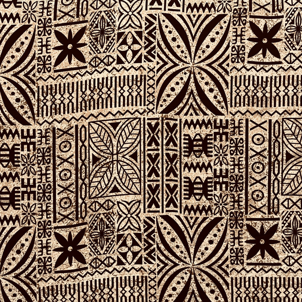 Polynesian Motif Cotton Barkcloth Fabric - Geometric Floral Polynesian Print, 45" Width (1 Yard)