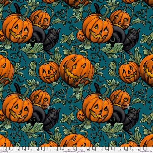 Quilting Cotton Pumpkin Patch Turquoise Halloween Fabric