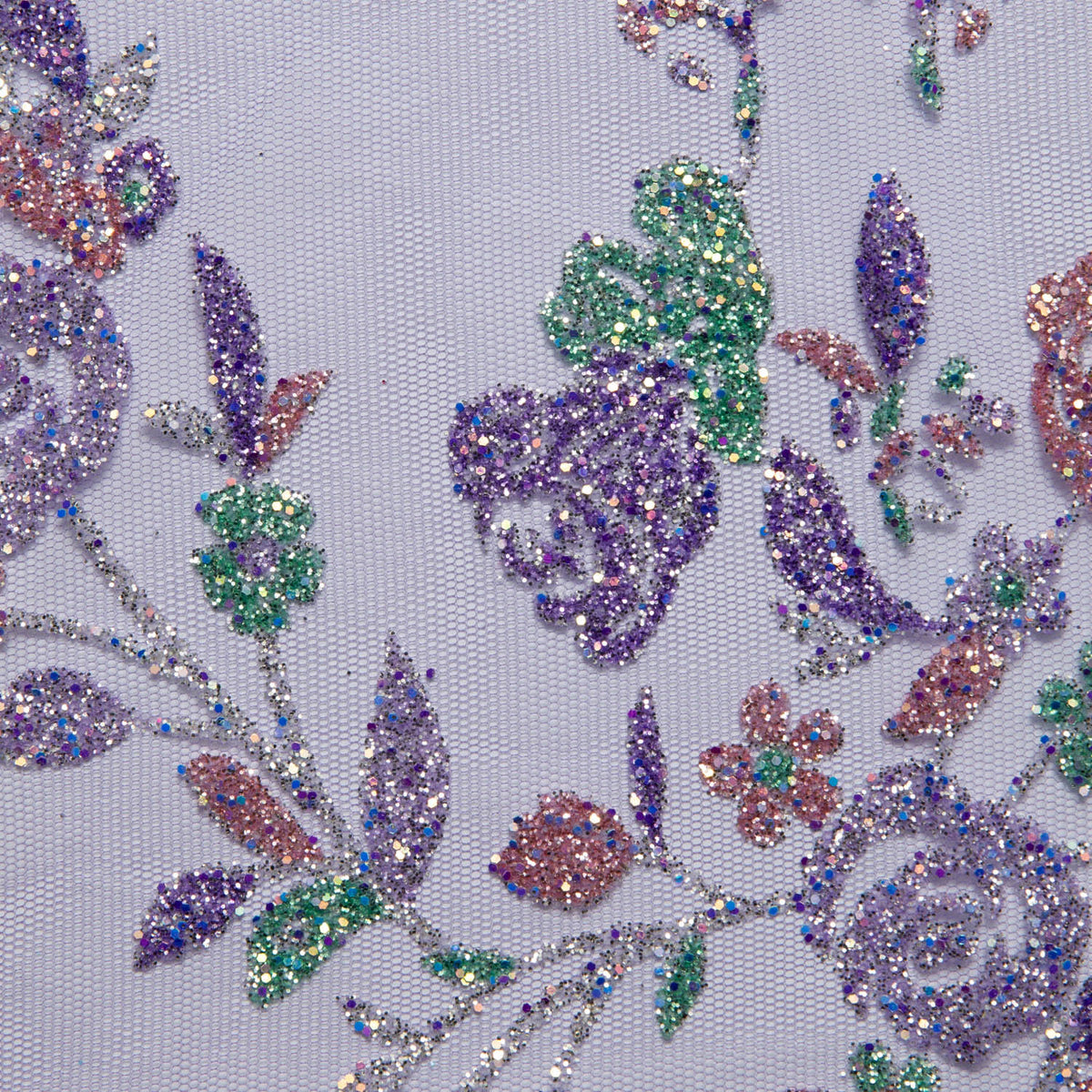 1 Yard Tulle Lace Fabric with Multicolor Glitter Floral Design, 58" Wide