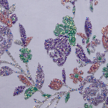 1 Yard Tulle Lace Fabric with Multicolor Glitter Floral Design, 58" Wide