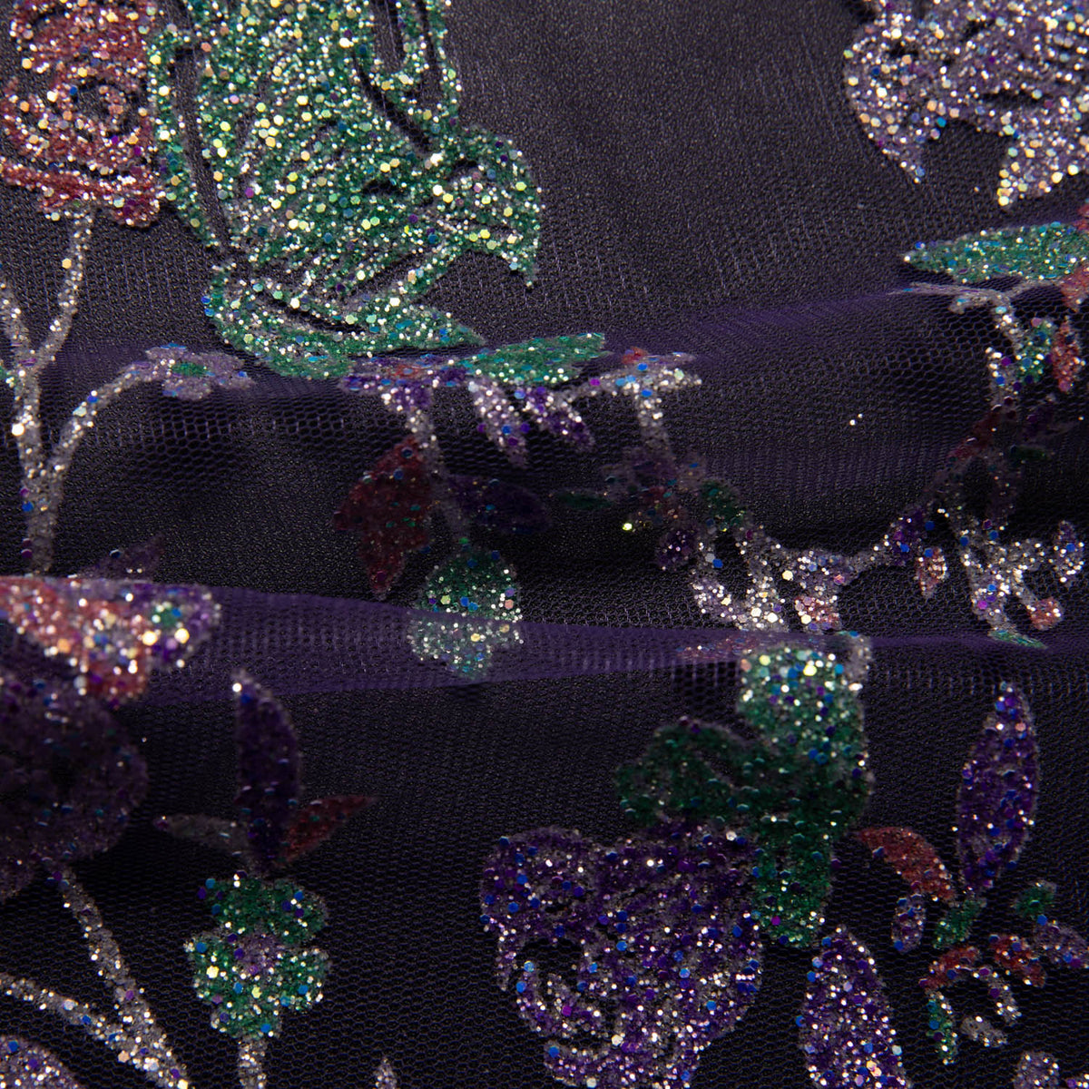 1 Yard Tulle Lace Fabric with Multicolor Glitter Floral Design, 58" Wide