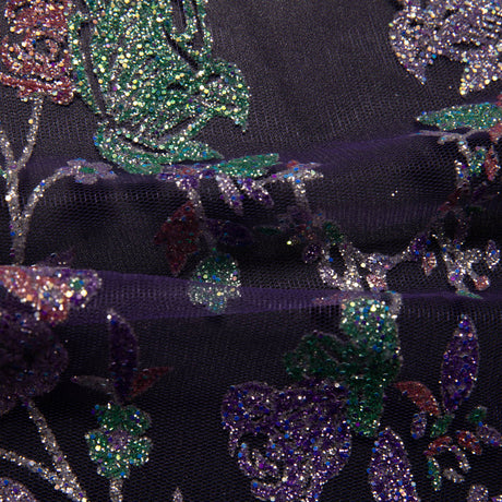 1 Yard Tulle Lace Fabric with Multicolor Glitter Floral Design, 58" Wide